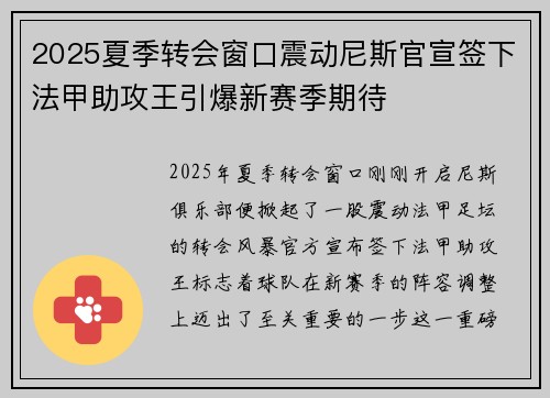2025夏季转会窗口震动尼斯官宣签下法甲助攻王引爆新赛季期待 2025夏季转会窗口震动尼斯官宣签下法甲助攻王引爆新赛季期待